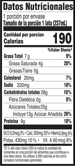 Información nutricional - Batido deportivo de chocolate